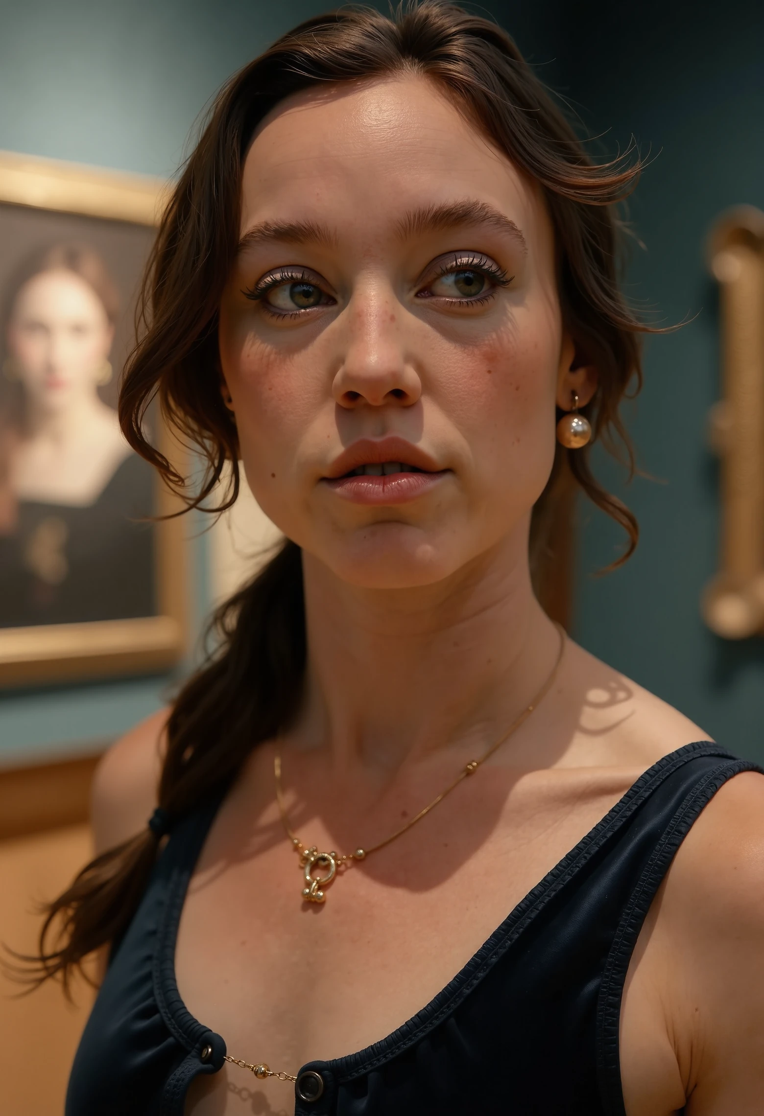 Suzanne Schulting, a woman with a thoughtful expression, standing in an art gallery, soft ambient lighting on her face, elegant outfit, intricate skin and fabric textures, cinematic lighting, depth of field, photorealistic, high detail, 8k resolution, subtle film grain for vintage touch