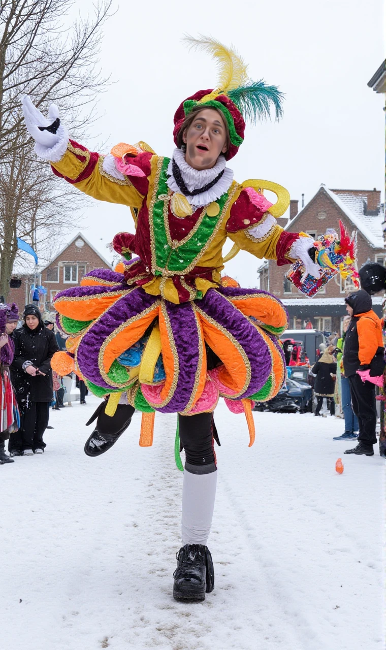 <lora:Roetveeg Piet:1.6> Roetveeg Piet,
Create an image of Octopus Piet in a whimsical, hand-drawn storybook style, standing in the middle of a quiet, snowy Dutch village. Piet has the head and body of a classic Sinterklaas assistant, but his lower half is an array of colorful, swirling octopus tentacles, each tentacle holding a small gift, candy, or a feathered hat. His face has soot smudges that resemble decorative swirls, and his expression is a mix of surprise and joy as he balances on his tentacles. Snow is falling gently around him, and the villagers in the background are gazing in curious, amused shock. The entire scene has a soft, illustrated feel, with exaggerated proportions and a touch of absurdity, as though from a fantastical childrenâs story.âââ