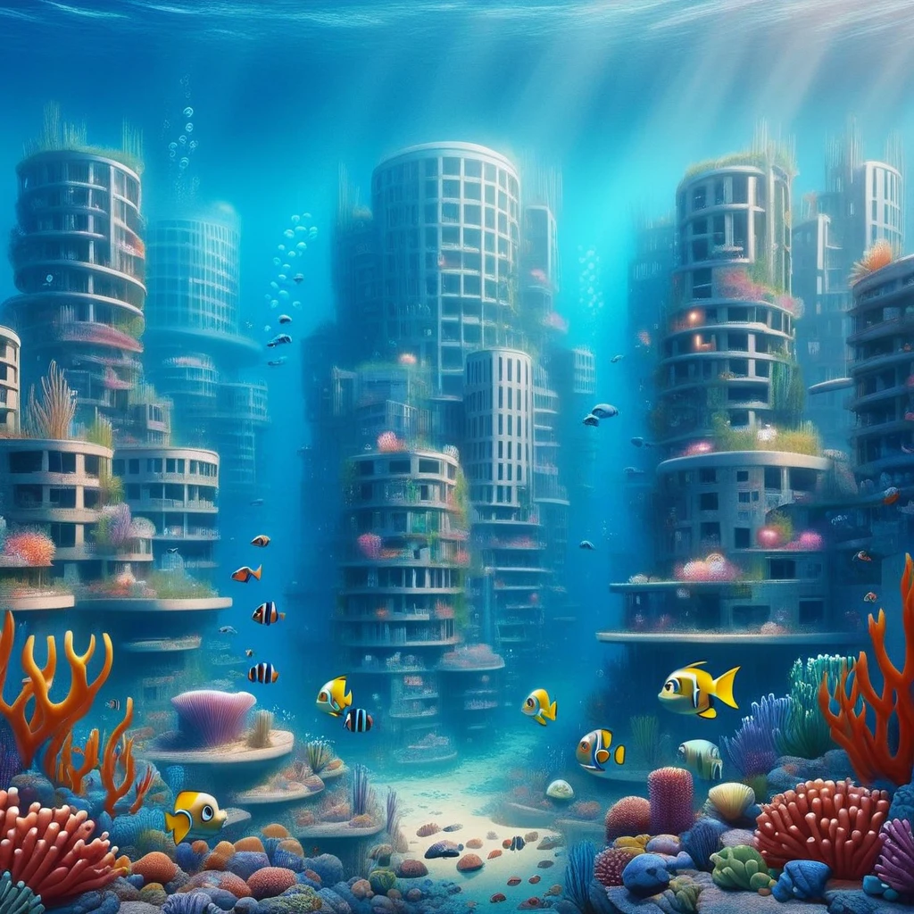 underwater, cityscape, overgrown, coral, fish