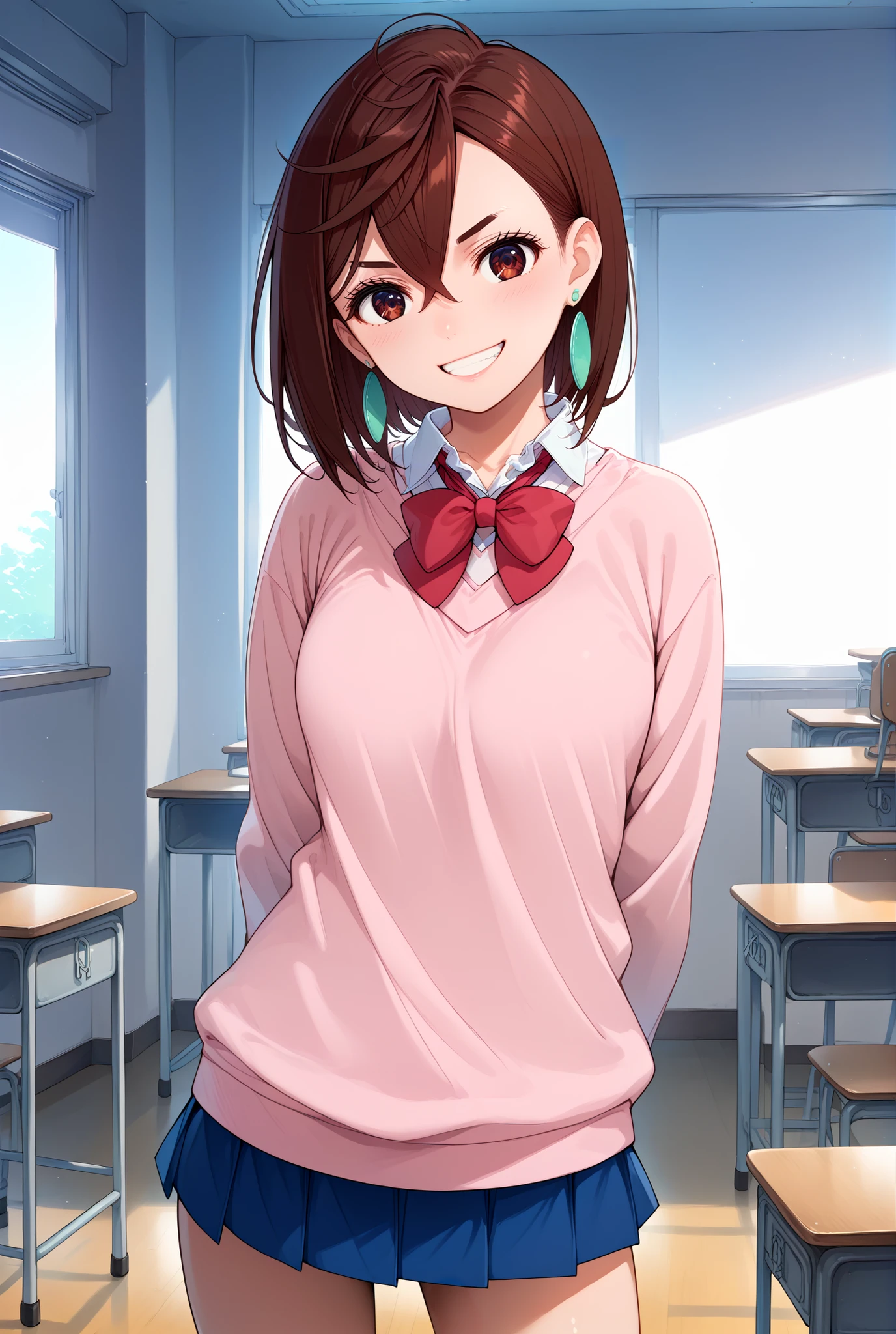 score_9, score_8_up, score_7_up, score_6_up, anime source, anime style,
<lora:P-AyaseMomo:1> 4y453, 1girl, brown hair, earrings, brown eyes, hair between eyes, short hair,
sch007, pink sweater,  baggy clothes, white colared shirt, blue skirt, mini skirt, pleated skirt, red bow  tie, school uniform,
looking at viewer, grin, dutch angle, standing, medium breasts, hands behind back, 
classroom, indoors,