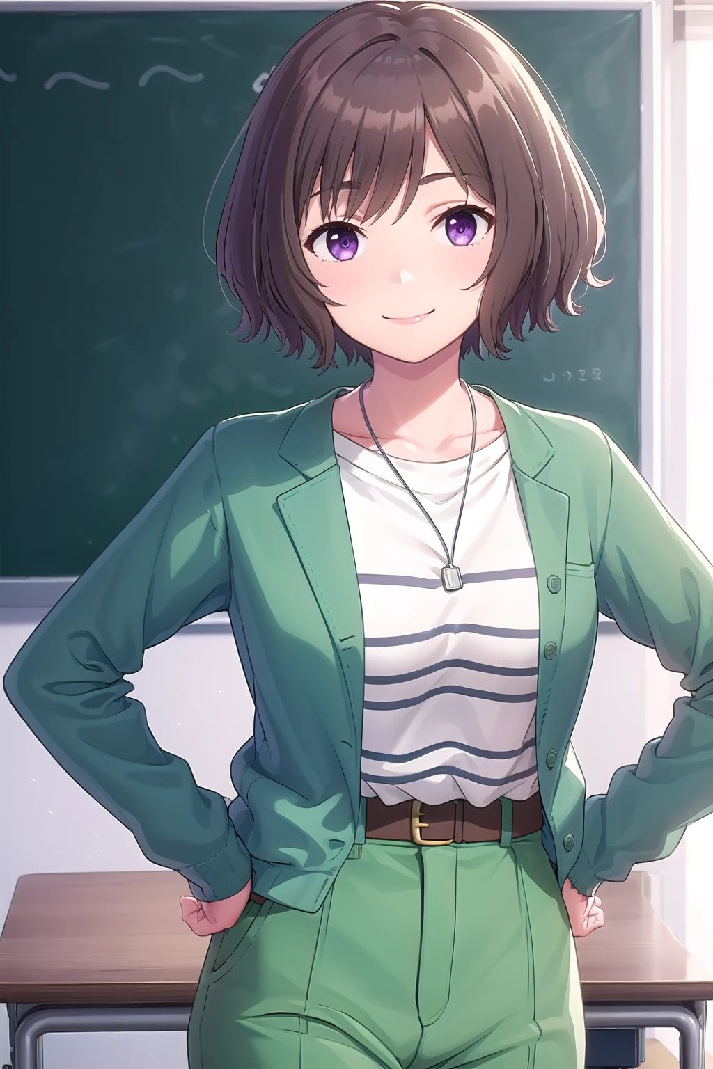 (masterpiece, best quality), highly detailed background, perfect lightingbest quality, neoasari, solo, indoors, classroom, teacher, brown hair, bangs, short hair, purple eyes, medium breasts, necklace, green jacket, open jacket, long sleeves, white shirt, striped shirt, shirt tucked in, (hands on hips:1.1), brown belt, belt buckle, green pants, smile, closed mouth, :), pink lips, <lora:Neo-Asari:0.7>