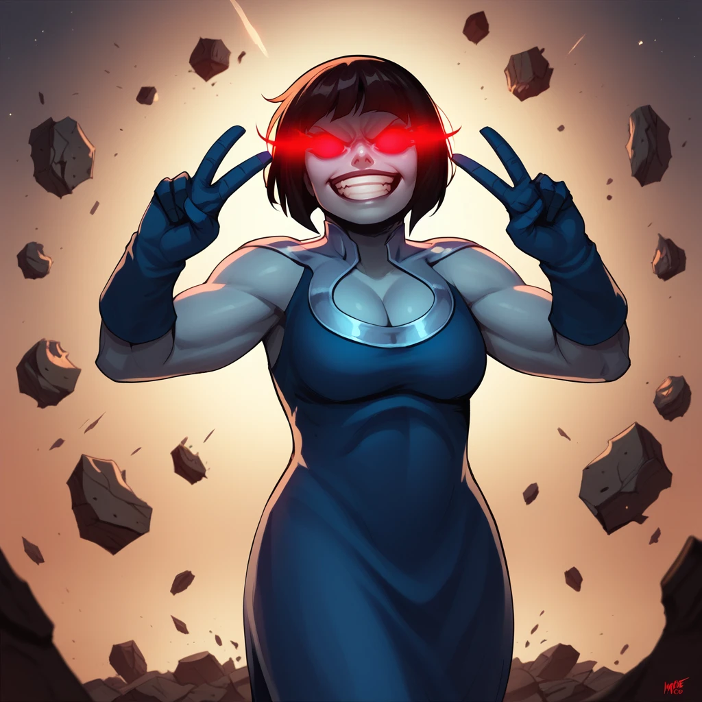 score_9_up, score_8_up, BREAK, LadyDarkseid, 1girl, solo, black hair, short hair, no pupils, no sclera, red glowing eyes, muscular, blue dress, cleavage, gloves, cowboy shot,  <lora:LadyDarkseid_PXL_Leaf3:1>, debris, evil grin, space, double v,