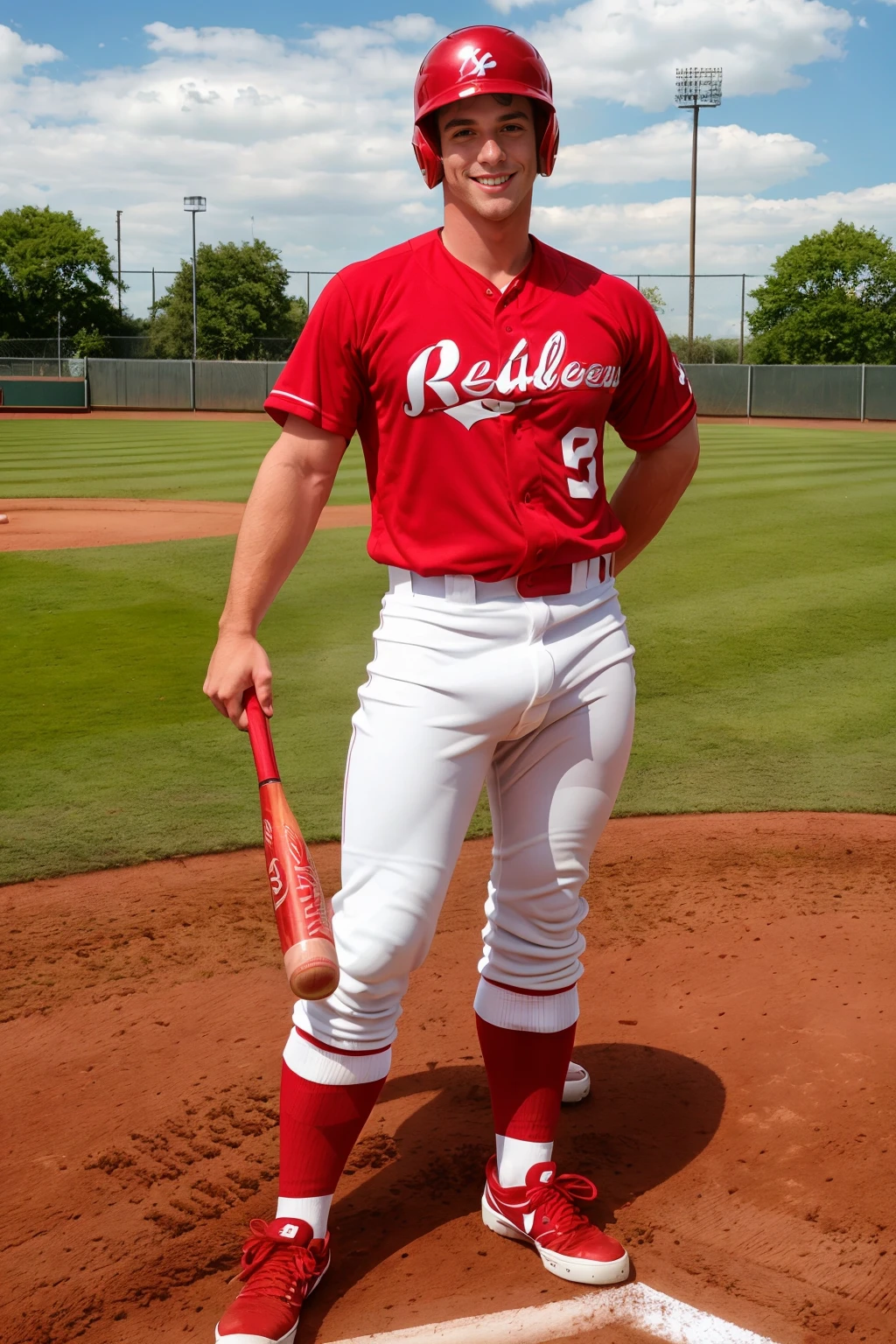 afternoon, baseball field, outdoors, partly cloudy, standing at first base, JimmyFanz is a baseballplayer, smile, baseball uniform, (red jersey:1.3), (white pants:1.3), (red socks), long socks, red helmet, (black sneakers), ((full body portrait)), wide angle <lora:Clothing - Sexy Baseball Player:0.6> <lora:JimmyFanz:0.8>