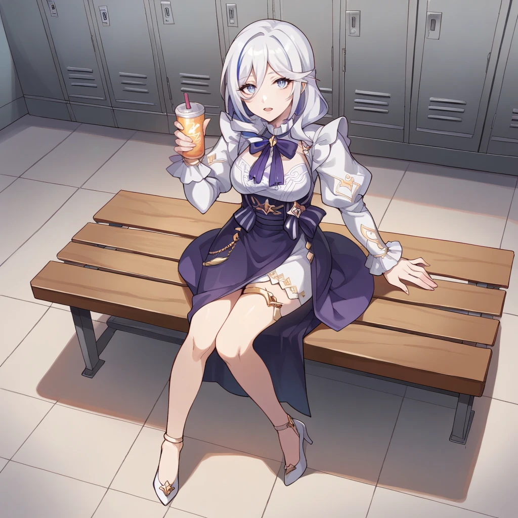 score_9_up, score_8_up, score_7_up, source_anime, 1girl, solo, mature body, locker room, sitting on metal bench, ceiling light, curious, open mouth, looking at you, from above, high heels, full body, holding sports drink, angled shot, Shariac, DW_Idol, streaked hair, blue hair, blue eyes, white hair, drill hair, long hair, dress, white dress, two-tone skirt, purple skirt, white skirt, gold thigh strap, side slit, juliet sleeves, white sleeves, frilled sleeves, jewelry, high-waist skirt, long skirt, frilled collar, purple bow, neck ribbon, purple ribbon, side ponytail, dynamic cowboy shot, 