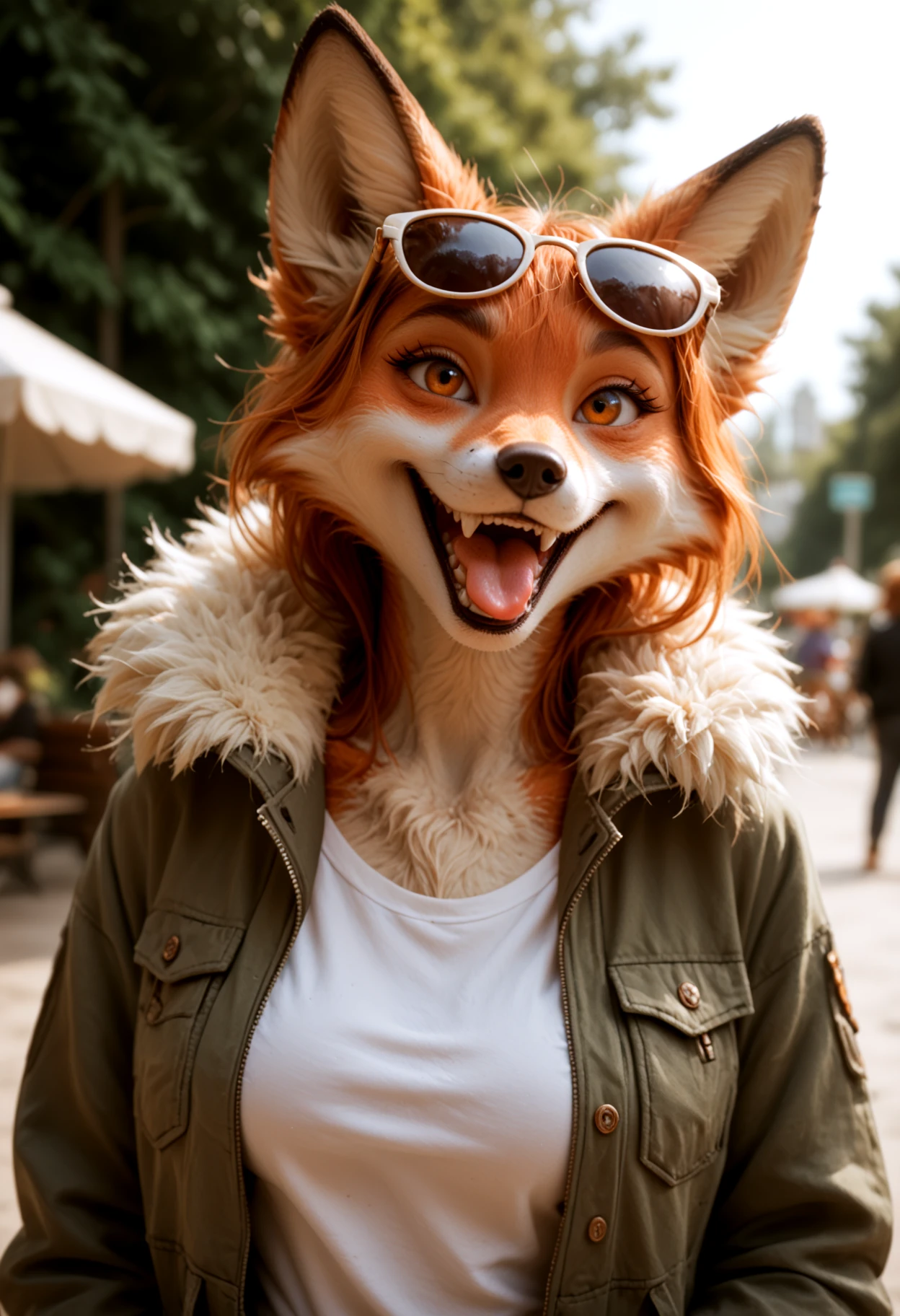 kftenhance,  safe_pos, score_9, score_8_up, score_7_up, upper body shot, female furry fox, large breasts, shades, open jacket, at sunny park, , open mouth, smiling, tongue out <lora:KFT_FSSE_V6.3-000005:0.4>