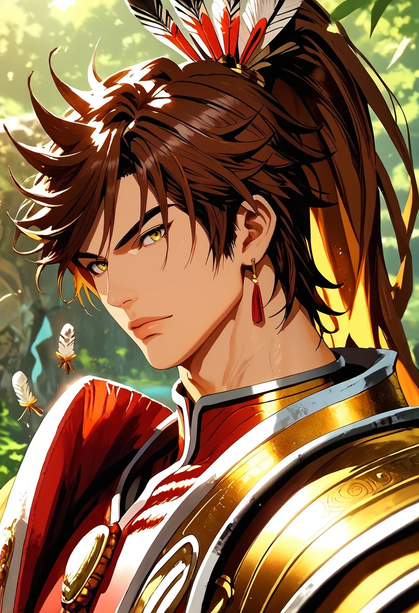 (masterpiece), (best quality), score_9, score_8_up, score_7_up, (masterpiece:1.2), (best quality:1.3), source_anime, 1boy <lora:Keiji_Maeda_Sengoku_Basara:0.8> keijim_sgbs, brown hair, ponytail, muscular, simple background, armor, feathers, portrait, masterful composition, dynamic movement, low-key lighting, lo-fi, glow, dynamic cinematic lighting, ray_tracing, global illumination