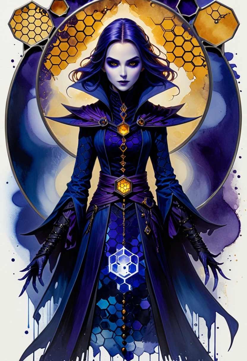 class character concept print, female, Warlock, pact-bound, dark power, shadow-infused, cursed, pact-forged magic, glass stain, velvet, impressionism style, Perspective Shift, shades of indigo, honeycomb pattern, dot art effect, bevel accents, balanced, polished texture, transparent finish  <lora:artfully_CHARECHELIER:1>,