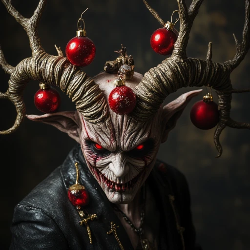 Xmasdemon, A horrific portrait of a christmas demon with red Christmas ornaments on its head.