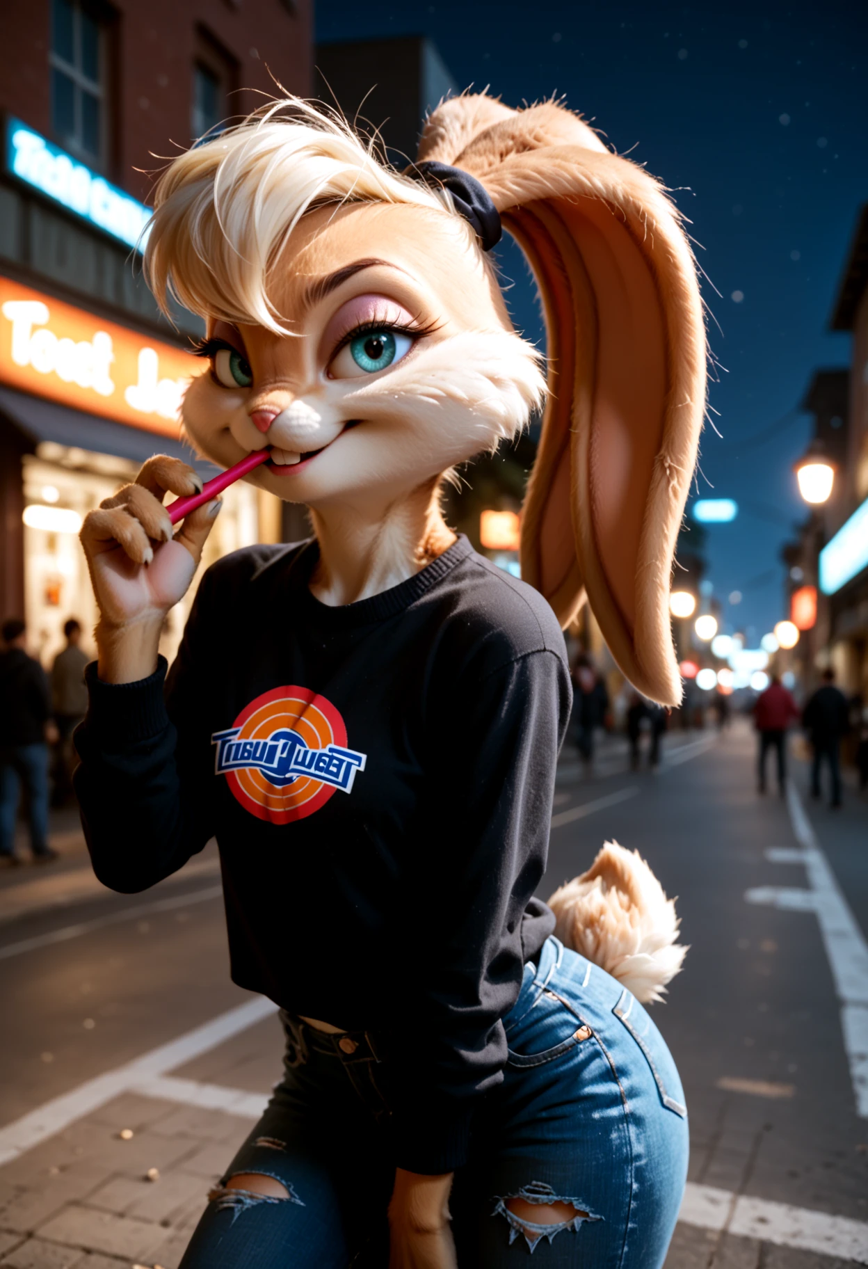 kftenhance, score_9, score_8_up, score_7_up, score_6_up, score_5_up, score_4_up, furry, anthro, 1girl, feminine, female focus, Lola Bunny, alluring smile, leaning forward with playful energy, intense eye contact, detailed seductive eyes with bold eyeliner, windswept hair flowing dramatically, wearing a fitted sweater that clings to her figure, stylish ripped denim jeans, vibrant cityscape at night, neon signs reflecting on her fur, streetlights casting long shadows, urban glow, high-energy pose, her hand brushing her hair, vibrant electric colors, sleek and modern atmosphere, flirty yet confident demeanor, paws, furry body <lora:KFT_FSSE_V6.3-000005:0.4>