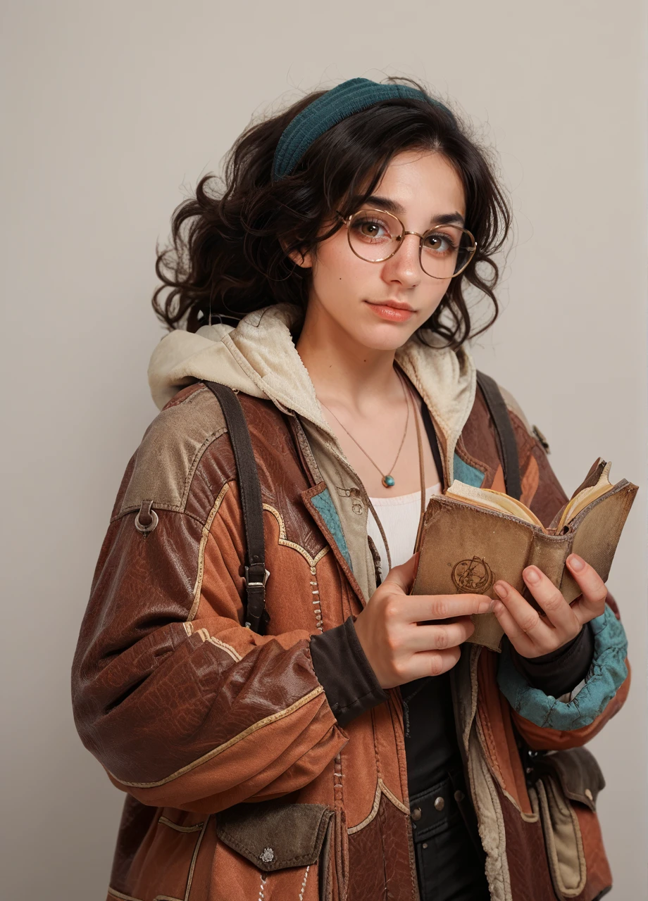 1girl, solo, mhralma, wavy hair, black hair, brown eyes, tan, glasses, hairband, necklace, jacket, pants, cowboy shot, looking at viewer, holding book, simple background, photo <lora:MHW_Alma-PONY:0.8>, score_9, score_8_up, score_7_up, score_6_up,