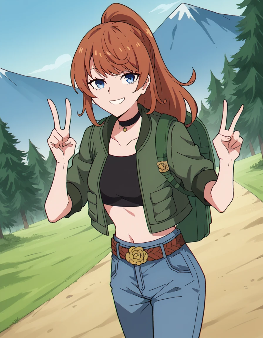 score_9, score_8_up, score_7_up, source_anime, <lora:anna-schneider-s1-ponyxl-lora-nochekaiser:1>, anna schneider, long hair, bangs, blue eyes, ponytail, brown hair, medium breasts,, jacket, open clothes, choker, belt, pants, open jacket, black choker, denim, jeans, green jacket, brown belt,, mountain trail, hiking, nature, backpack, adventure, fresh air, smile, v, v over mouth, smug,, looking at viewer, solo,, dutch angle, cowboy shot