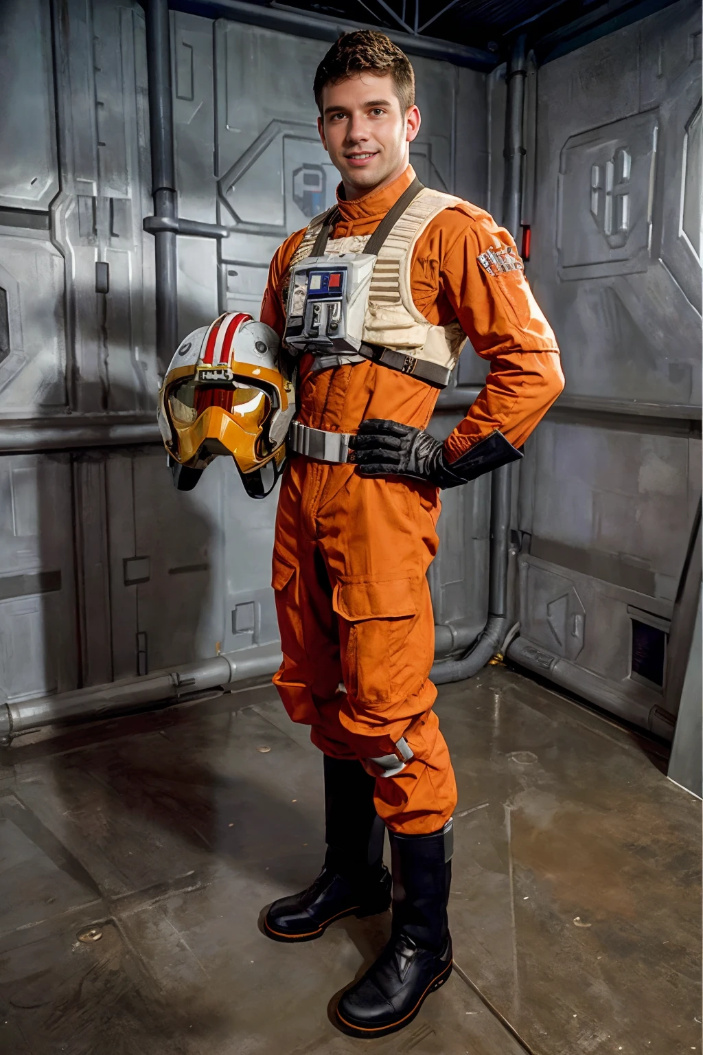 Star Wars, hangar of rebel base, standing in front of X-Wing fighter, JimmyFanz, rebel pilot suit, slight smile, holding helmet, (((full body portrait))), wide angle,  <lora:RPSV3:0.55> <lora:JimmyFanz:0.8>