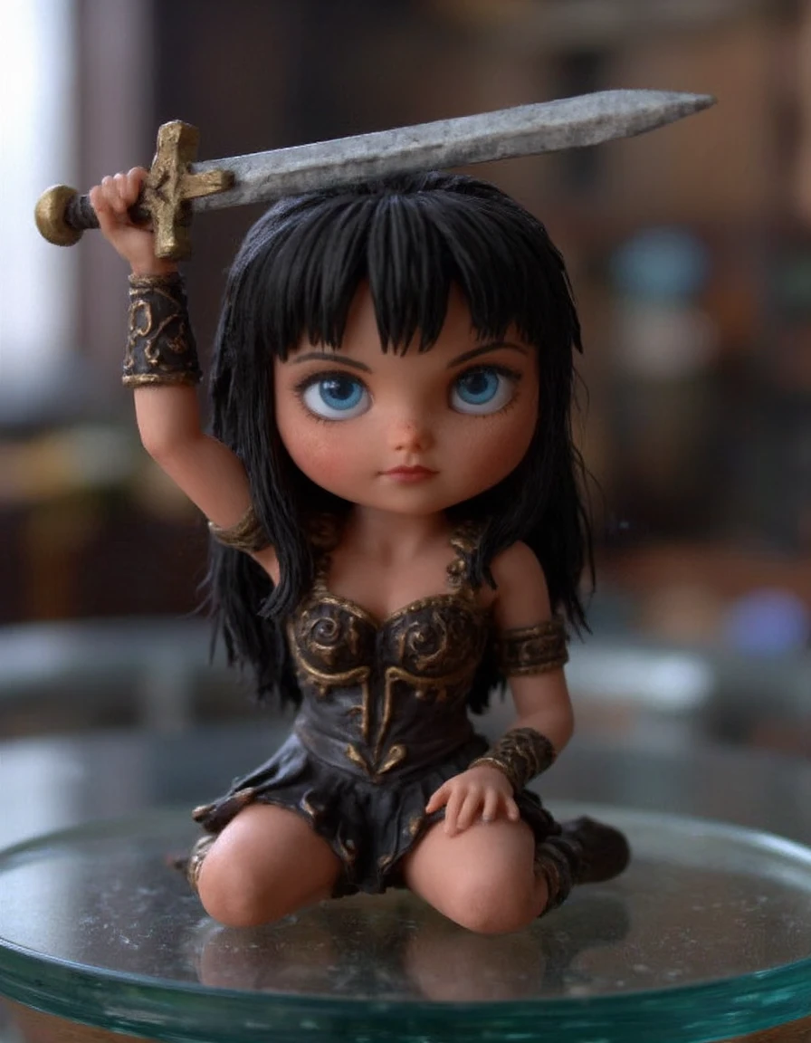 Xena, xena-eyes, 3d miniature  of  Xena holding a sword above her head, miniature is sitting atop a glass table, blue eyes   <lora:flux_xena_640_newest:1.5>