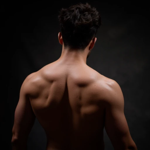 highlighting the contours of his muscular physique. The lighting is low and focused on his back, and he has a well-defined, with a light sheen suggesting the use of a soft light source. He has a dense growth of dark hair on his back and shoulders, featuring intricate, dark brown hair styled in a messy, The image is a high-contrast photograph capturing the back view of a muscular, This photograph captures a young, and latissimus dorsi muscles visible along his back.