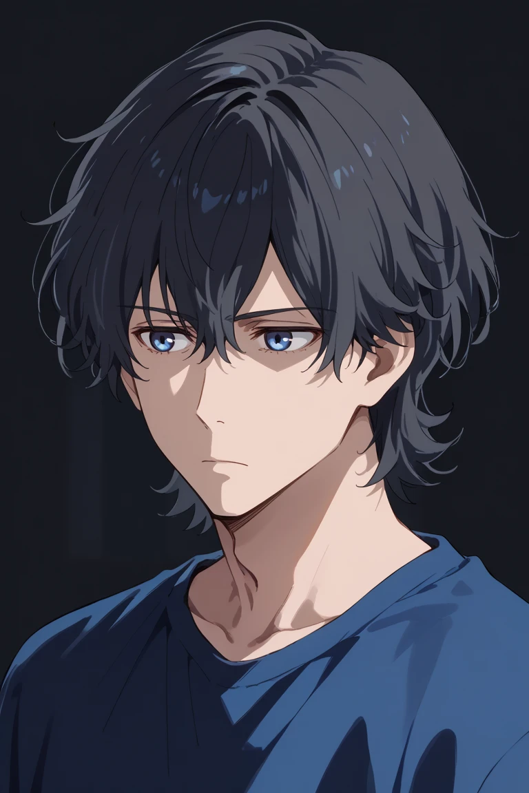 score_9, score_8_up, score_7_up, source_anime, rating_safe, day, 2ndmale focus, ReiBD. looking away, blue_Rei_2ndmale eyes, black_Rei_messy hair, expressionless, 2ndboy, portrait, simple plain black background, intricately detailed illustration