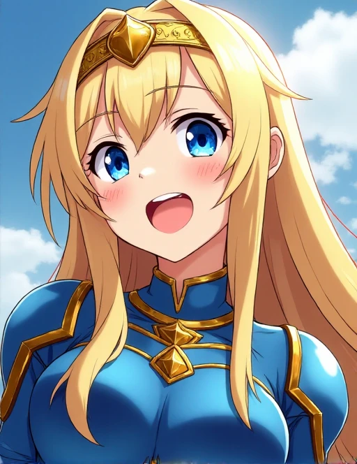 beautiful blonde woman, long hair, she has deep blue eyes, she is wearing a shiny blue armor and a golden circlet, she is laughing, japanese anime style, heroic fantasy,<lora:Mana_style_FLUX:1>