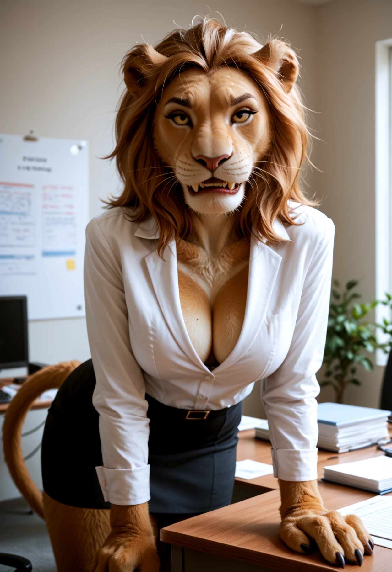 kftenhancer, safe_pos, score_9, score_8_up, score_7_up, 1girl, furry, solo, anthropomorphic lion woman, mature, skinny build, thin, large breasts, office outfit, cleavage, short skirt, seductive look, sharp fangs, tail, biting lip, impending sex, wagging tail, bending over <lora:KFT_FSSE_V6.3-000005:0.4>