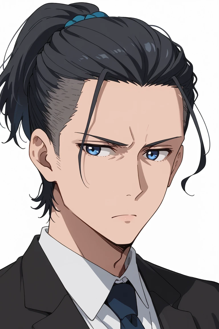 score_9, score_8_up, score_7_up, source_anime, rating_safe, day, 2ndmale focus, ReiBD. looking away, blue_Rei_2ndmale eyes, black-grey_Rei_short ponytail, serious, white formal, suit, 2ndboy, portrait, simple plain white background, intricately detailed illustration