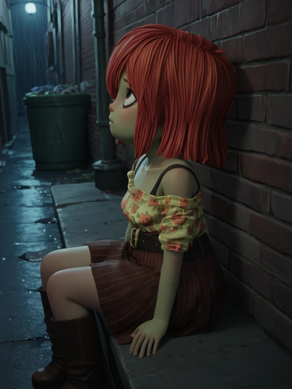 score_9, score_8_up, score_7_up, BREAK, S4mB00le, 1girl, solo, short hair, red hair, black eyes, green skin, off-shoulder shirt, floral print, belt, skirt, boots, alley, night, rain, moonlight, sitting, from side, above, looking up <lora:Sam_Boole:1>