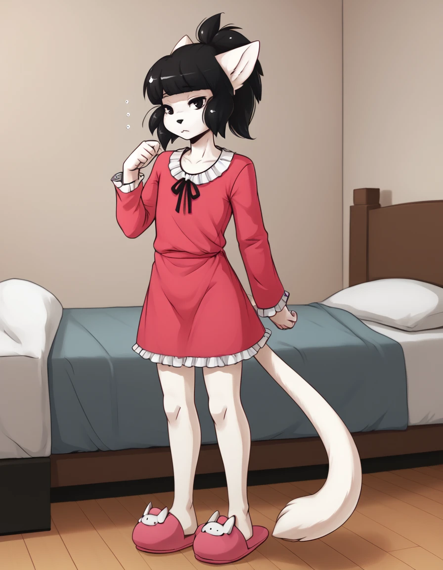 bedroom, 
Mercy,1boy,solo,furry male,animal ears,black hair,cat ears,furry,cat tail,black eyes,ponytail,body fur,blunt bangs,
full body,long eyelashes,sleepy,standing, tired,
bunny slippers,frilled nightgown,
<lora:Mercy_v01_PDXL:1>,