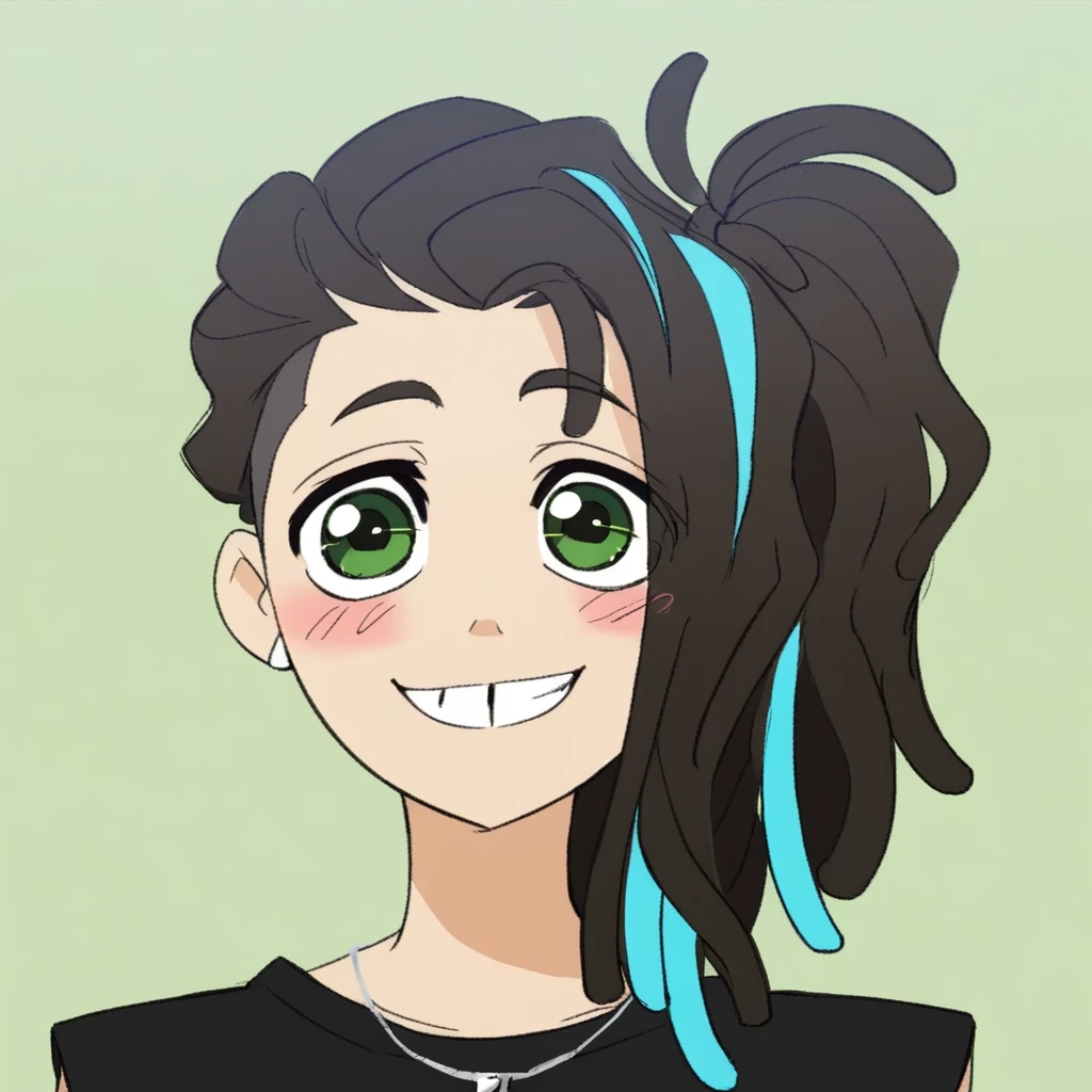 1boy,solo,ponta hayari,dreadlocks,two-tone hair,green eyes,(skinny:1),earrings,green eyes,smile,upper body,simple background,tooth gap,undercut,dark brown hair,cyan hair highlights,black sleeveless t-shirt,side ponytail,necklace,blush,semi-realistic