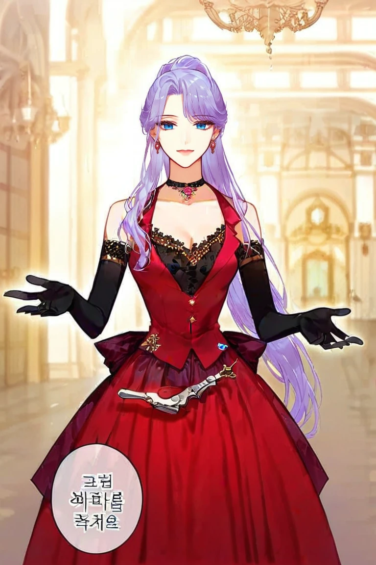 (masterpiece), absurdres, ultra detailed, expressive eyes, beautiful face, score_9, score_8_up, score_7_up, source_anime, 
1girl, gracie lancaster, solo, long hair, large breasts, Purple hair, blue eyes, gloves, smile, dress, looking at viewer, holding, jewelry, collarbone, ponytail, earrings, choker, black gloves, elbow gloves, red dress, full_body, Ballroom, Palace