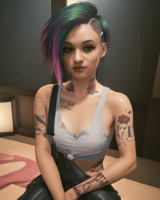 (masterpiece:1.2),(best quality:1.2),(high resolution:1.2) CyberJudy, 1girl, solo, looking at viewer, short hair, asymmetrical hair, undercut, pants, tattoo, tank top, arm tattoo, multicolored hair, pink hair beautiful, cute, delicate, artgerm, artstation, by W, <lora:Judy_Alvarez_SD15:0.7>