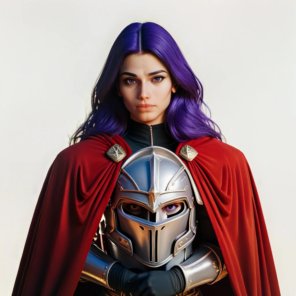 rating_safe, zPDXL3, score_9, score_8_up, score_7_up, score_6_up, score_5_up, score_4_up, highres, incredibly absurdres, highly detailed, dim lighting, closed mouth, 1girl, solo, saffai, purple hair, long hair, purple eyes, toned, looking at viewer, spartan armor, helmet, shoulder armor, breastplate, red cape, <lora:Saffai-000007:0.7> <lora:Path_of_Exile_Divination_Cards_art_style:1>
