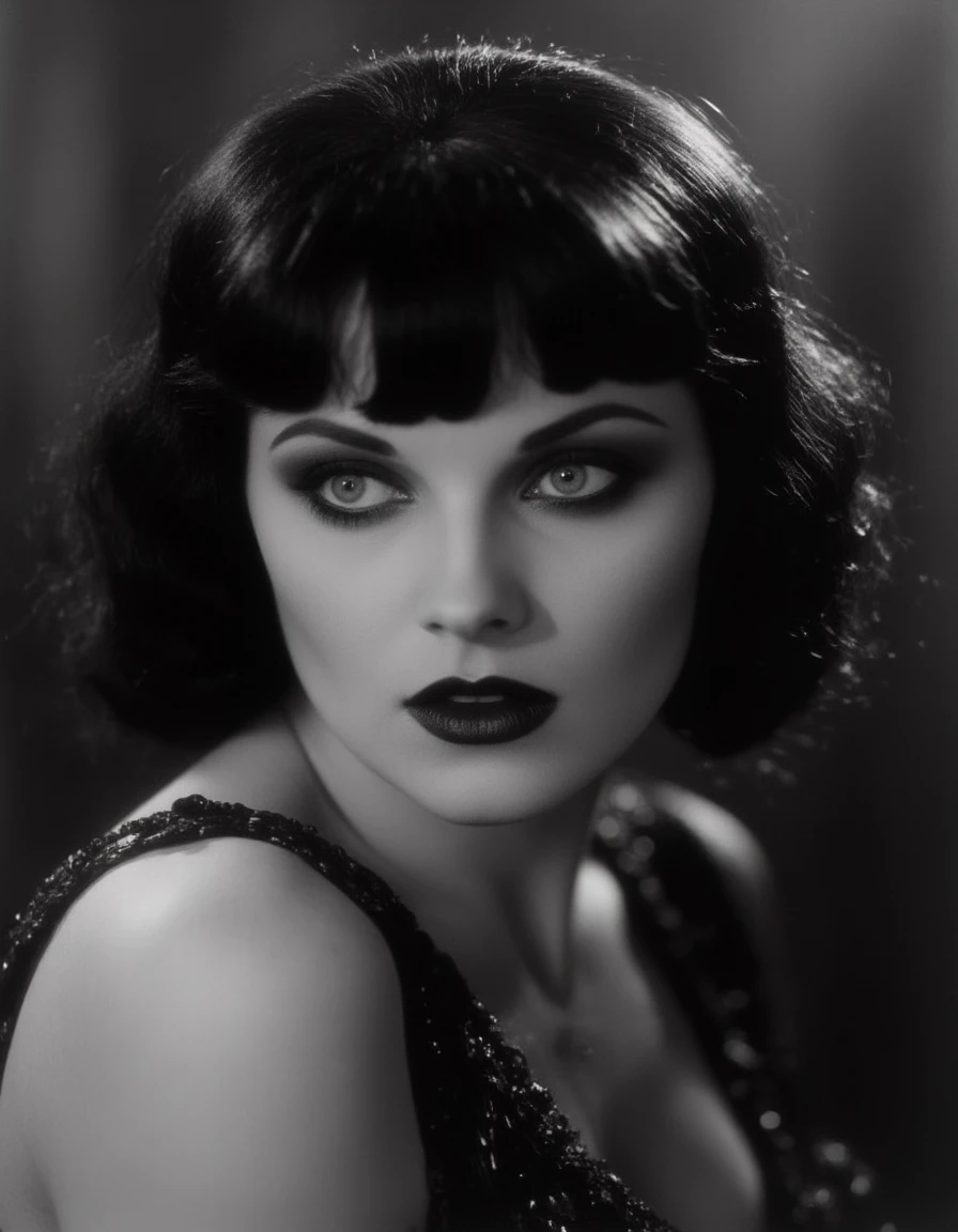 xena, xena-style, xena-eyes, ArsMovieStill, 20s Silent Movie Still, as a 1920s glamorous vixen, lipstick, monochromatic, vampy, with a smoldering expression as she looks at the viewer  <lora:20s_Silent_Movie:0.6> <lora:flux_xena_640_newest:1.2>