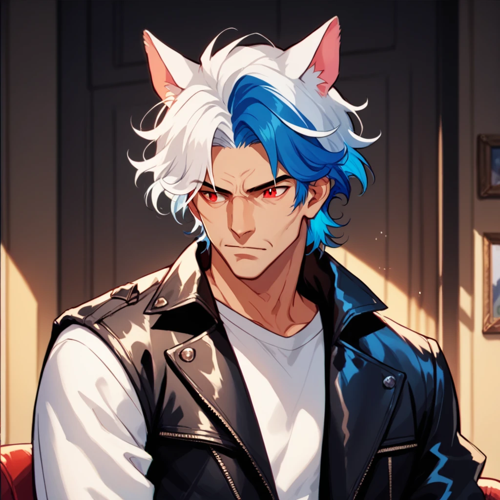 score_9, score_8_up, score_7_up, score_6_up, score_5_up, score_4_up, 43sth3t1c, 1boy, male focus, red eyes, blue hair, two tone hair, streaked hair, white hair, medium length hair, cat ears, animal ears, miqote, white shirt, leather jacket,p upper body, mature male, portrait, old, , comic art style, illustration, source_cartoon