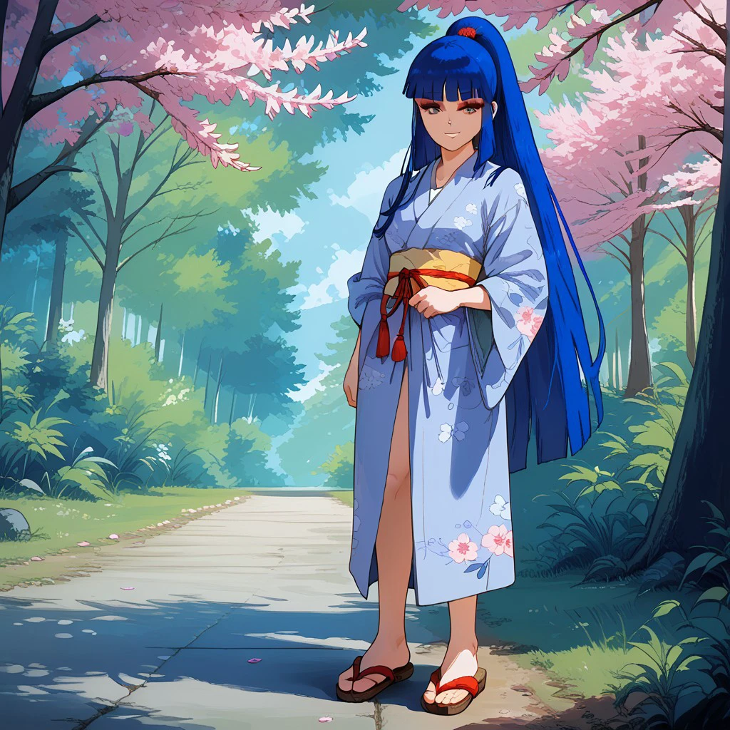 1girl,solo,blue hair,makeup,long hair,ponytail,bangs,blunt bangs,wedding kimono,sandals,standing,looking at viewer,facing viewer,smiling,forest,cherry blossoms