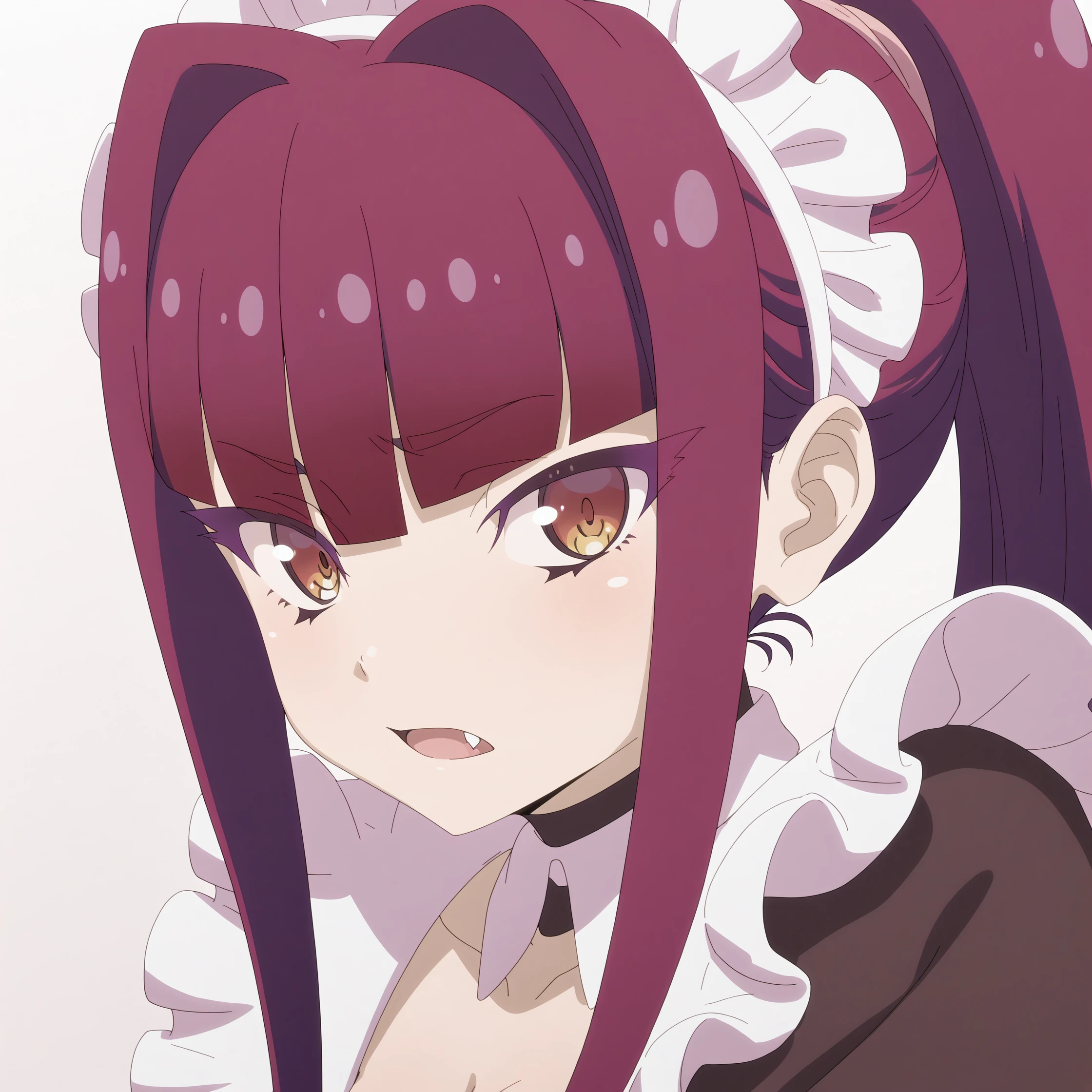 highres, hi res, best quality, masterpiece, 2d, intricate details, 4k, anime coloring, shadow, uncensored,
1girl, solo, female, eyelashes, red eyes, brown eyes, yellow eyes, fang, long hair, blunt bangs, bangs, purple hair, red hair, ponytail, hair intakes, sidelocks,
maid headdress, maid, maid apron, long sleeves, frilled skirt, frills, frilled dress, frilled sleeves, maid dress, cleavage, breasts, medium breasts, 
portrait, upper body, looking at viewer, facing viewer, front viewer,
white background, simple background, <lora:Yuki_ILXL:1>, mayonaka punch,