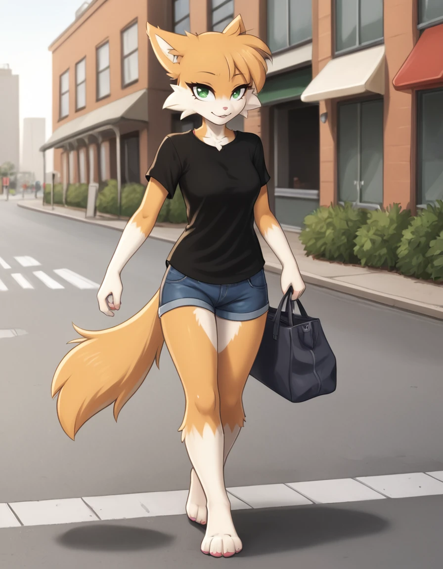 outdoors,city, sidewalk, walking,
Rolo,1girl,solo,animal ears,furry female,body fur,animal nose,white fur,green eyes,short hair,tail,fox ears,fox girl,two-tone fur,fox tail,orange fur,long eyelashes,
full body,seductive smile,parted lips,
black t-shirt,denim shorts, 
<lora:Rolo_v01_PDXL:1>,