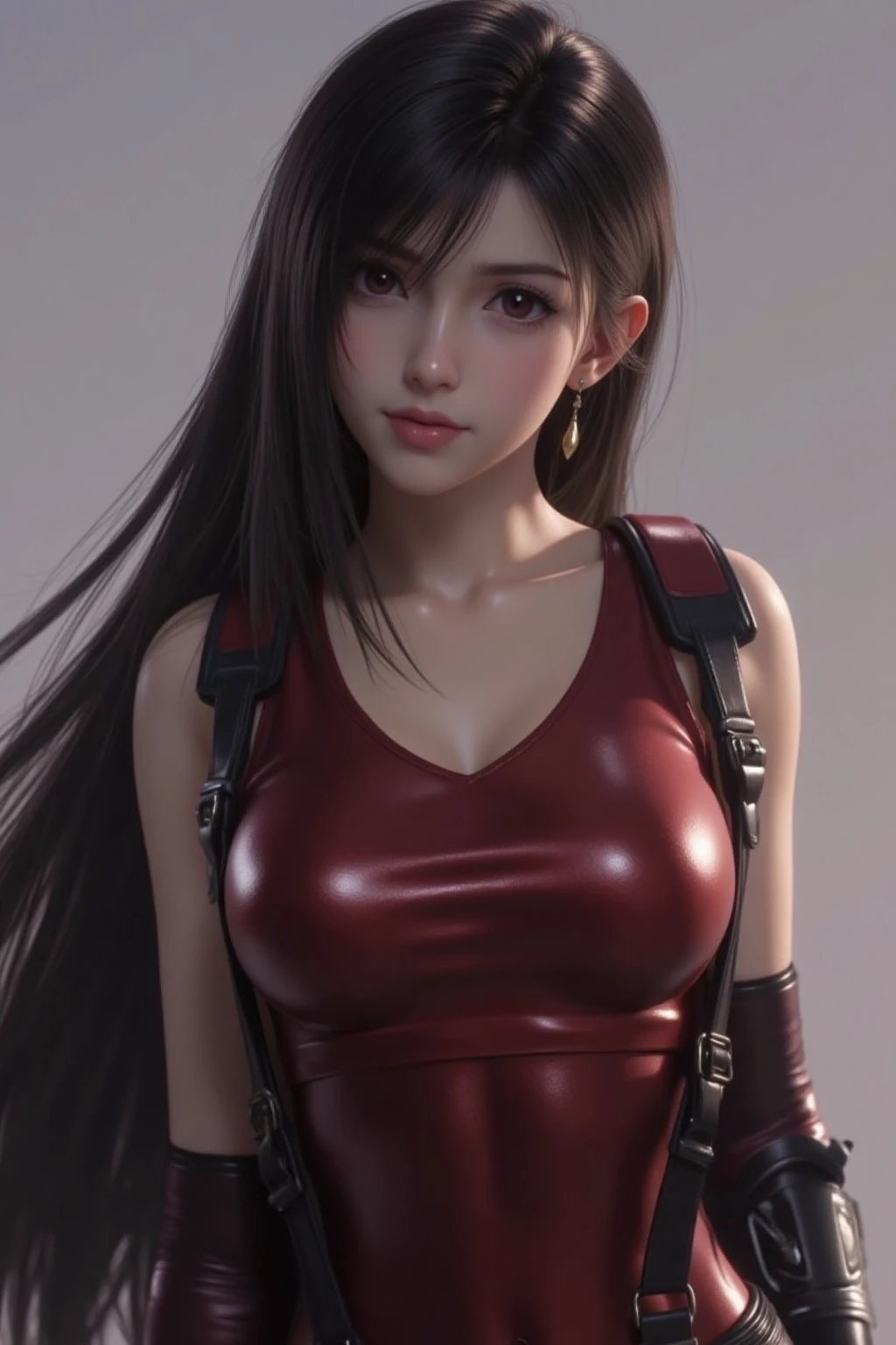 1girl, solo, long hair, breasts, looking at viewer, bangs, large breasts, black hair, red eyes, gloves, bare shoulders, brown eyes, jewelry, closed mouth, collarbone, upper body, earrings, black gloves, elbow gloves, shiny, lips, suspenders,  skin tight, shiny clothes, taut clothes, dangle earrings, tifa lockhart