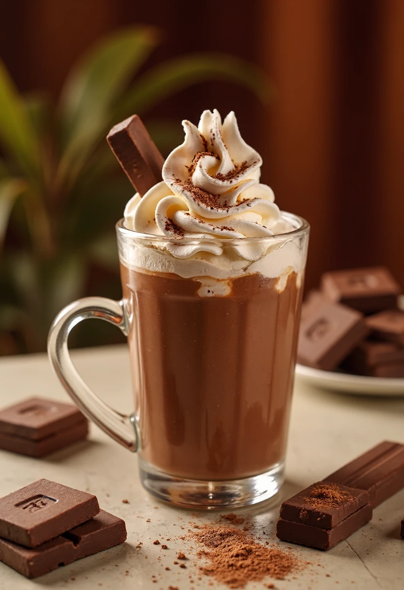 A photograph of a rich, creamy chocolate milkshake topped with whipped cream and chocolate shavings, served in a clear glass mug. The drink is garnished with a swirl of whipped cream and dusted with cocoa powder. The background is blurred, featuring warm, earthy tones and hints of chocolate. The setting suggests a cozy, inviting atmosphere, perfect for a comforting treat.