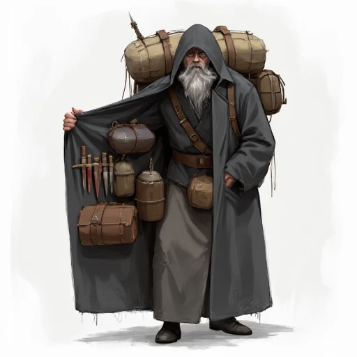 Digital illustration of Trenchcoat Merchant, character that offers products stored in their Trenchcoat character in this picture opens the left side of the trenchcoat to show products. In case of this picture the offered products are various items contained in multiple bags that include knives and medicines  The image is a digital drawing of a rugged, medieval-style traveler, rendered in a detailed, semi-realistic art style with muted, earthy tones. The traveler is depicted in a long, worn, grey cloak that drapes heavily over their shoulders and body, giving a sense of age and wear. The cloak is open, revealing a multitude of pouches, bags, and containers strapped to their person, indicating they are a merchant, trapper, or perhaps a rogue.