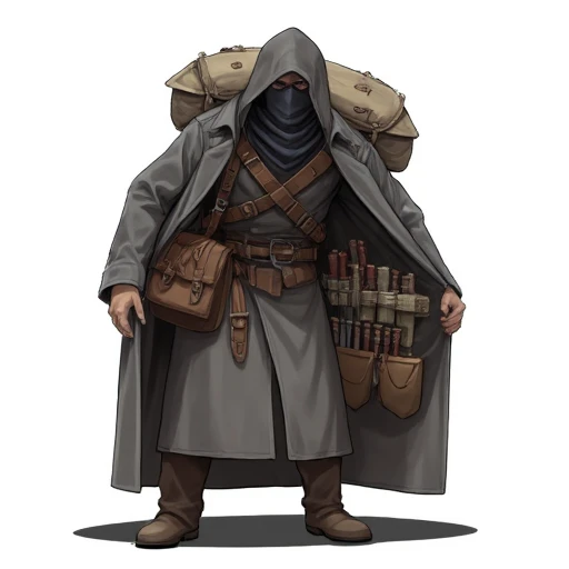 Digital illustration of Trenchcoat Merchant, character that offers products stored in their Trenchcoat character in this picture opens the left side of the trenchcoat to show products. In case of this picture the offered products are various items contained in multiple bags that include knives and medicines  The image is a digital drawing of a rugged, medieval-style traveler, rendered in a detailed, semi-realistic art style with muted, earthy tones. The traveler is depicted in a long, worn, grey cloak that drapes heavily over their shoulders and body, giving a sense of age and wear. The cloak is open, revealing a multitude of pouches, bags, and containers strapped to their person, indicating they are a merchant, trapper, or perhaps a rogue.