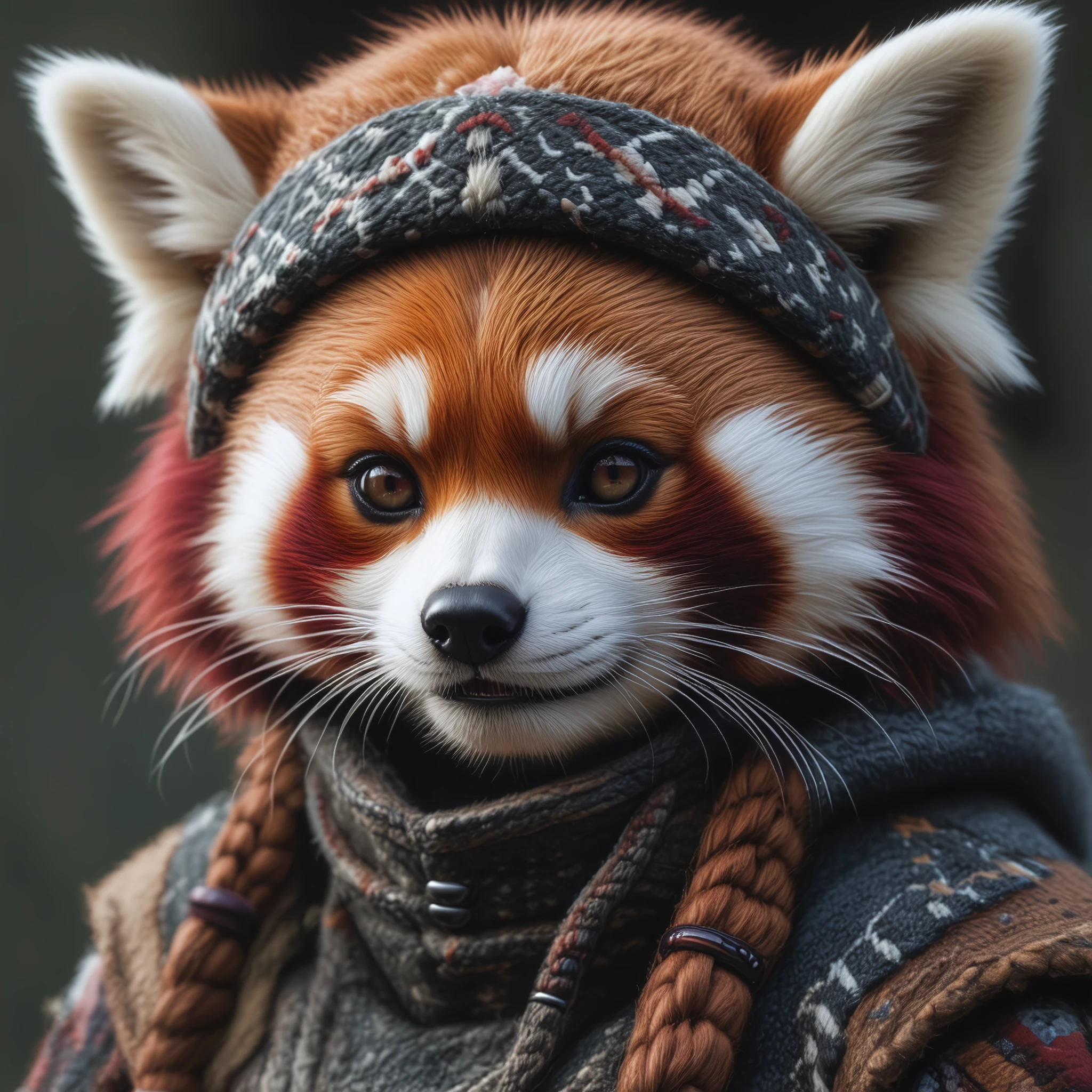 Epic closeup photo insane details of an red panda in a nordic outfit  dark fantasy style