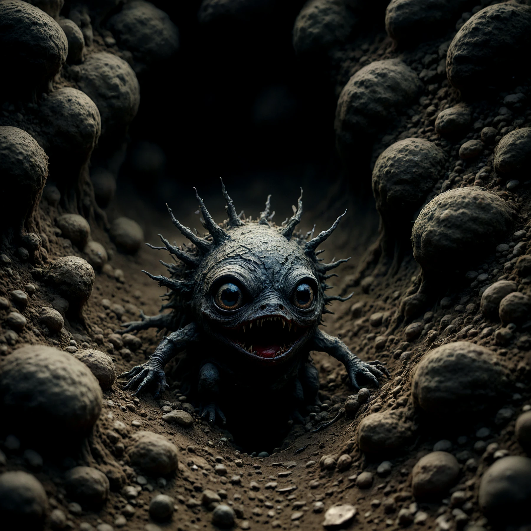 A tiny creature, emerging from a hole in the ground. Nightmare.

<lora:Nightmare01a_CE_SDXL_64x32x220x2bOT:0.8> nghtmrCE_Style