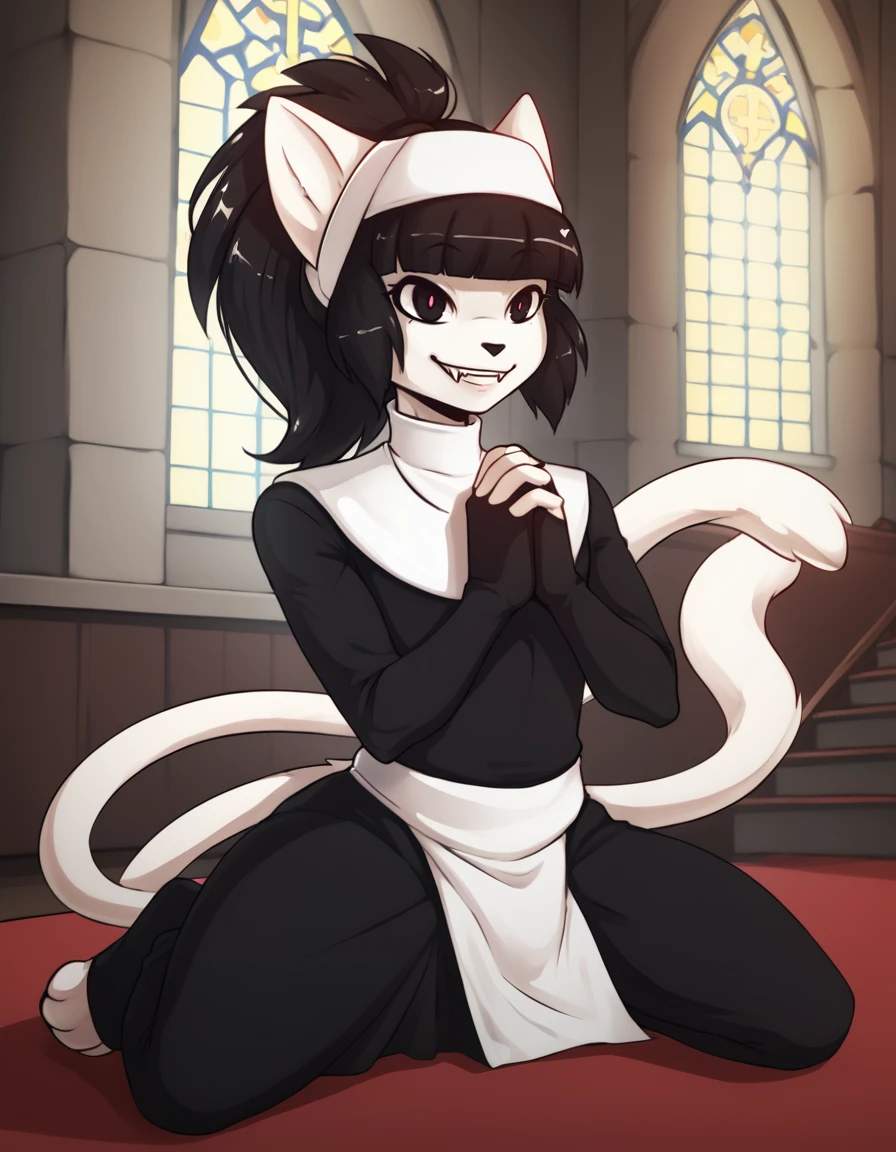 church,
Mercy,1boy,solo,furry male,animal ears,black hair,cat ears,furry,cat tail,black eyes,ponytail,body fur,blunt bangs,
full body,long eyelashes,evil smile,evil grin,fangs,
nun,kneeling,praying, 
<lora:Mercy_v01_PDXL:1>,