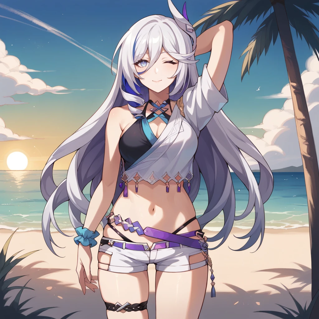 score_9_up, score_8_up, score_7_up, source_anime, 1girl, solo, beach, ocean, sun light, palm tree, sky, clouds, standing, hand behind head, raised arm up, wink, satisfied smile, closed mouth, looking ahead, stretching arm out, Shariac, DW_Sum, streaked hair, blue hair, blue eyes, white hair, drill hair, long hair, criss-cross halter, colored inner hair, purple hair, drill hair, hair ornament, halterneck, short shorts, white shorts, purple belt, panty straps, black thigh strap, wrist scrunchie, crop top, white shirt, off-shoulder shirt, wristband, dynamic cowboy shot, 