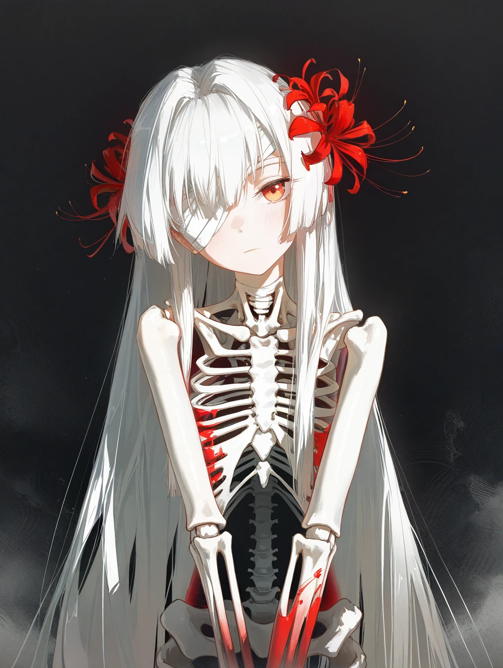 dino_(dinoartforame), (artist:dino_(dinoartforame):1.5),cowboy shot,see-through body,skeletal body,no muscular, exposed bone, 
joints, 
 1girl, bandage_over_one_eye, black_background, closed_mouth, collarbone, commentary, flower, hair_flower, hair_ornament, half-closed_eye, head_tilt, highres, implied_nudity, long_hair, looking_at_viewer, phrolova_(wuthering_waves), portrait, sidelocks, solo, spider_lily, very_long_hair, white_hair, wuthering_waves, paint_effect, soft brush strokes, vibrant colors, textured background
,masterpiece,best quality,amazing quality,very aesthetic,absurdres,newest,