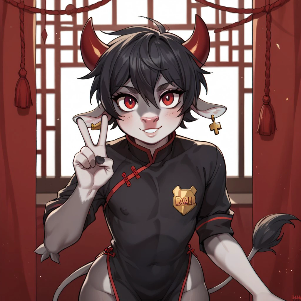 score_9, score_8_up, score_7_up, 1boy, dalehnavpxl, femboy, anthro bull, short hair, black hair, red horn, red eyes, cow ears, grey tail, big ass, BREAK, cute, Looks at the viewer, Chinese shirt, shows a peace sign,