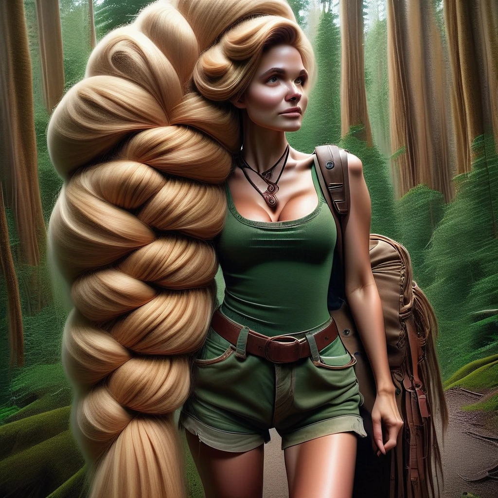 sup3rh41rg1g4nt1cbr41d,SuperHairGiganticBraid,Super Hair Gigantic Braid, 1girl, solo, long hair, breasts, blonde hair, cleavage, jewelry, medium breasts, very long hair, braid, shorts, belt, necklace, bag, tree, single braid, nature, forest, realistic, green shorts