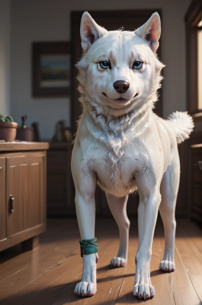 source_furry, score_9, score_8_up, score_7_up, (pryna_xv, dog, feral), white fur, detailed fur, furry, fluffy, blue eyes, detailed eyes, paws, tail, green bandage, <lora:FF_Pryna08:0.8>, indoors, standing, look to viewer, zPDXL2, zPDXLpg, zPDXLrl, shaded, best quality, highly detailed, extreme detail, photorealistic