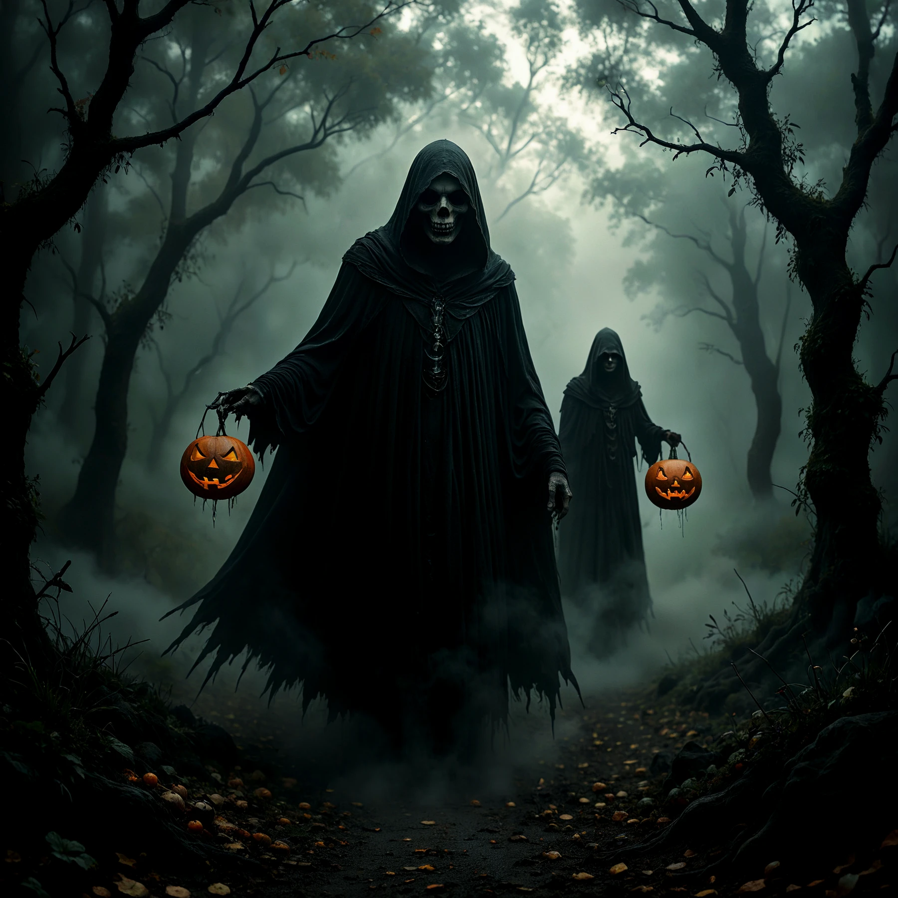 Atmospheric, moody, misty. Creeping from the forest, shrouded in darkness, long arms that drag along the ground. Dropping eyes, a sagging mouth.

Happy Halloween. Halloween decorations. Jack-o-lanterns, skeletons, mist, pixies, elves.

<lora:Nightmare01a_CE_SDXL_64x32x220x2bOT:0.8> nghtmrCE_Style