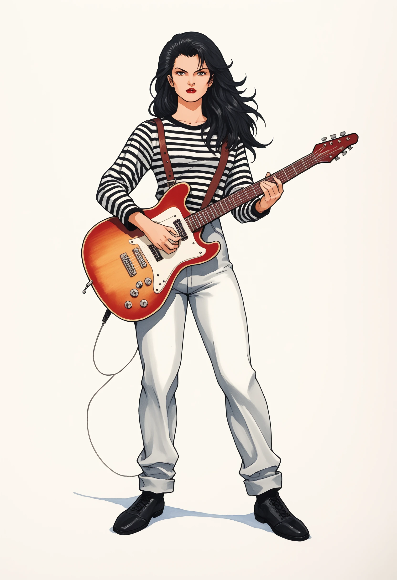 1girl, solo, black hair, instrument, holding instrument, full body, holding, guitar, retro artstyle, signature, standing, striped, long hair, 1980s (style), pants, traditional media, black footwear, animal print, looking at viewer, music PonyXLV6_Scores