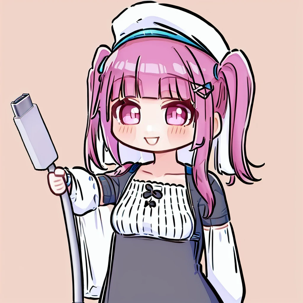 <lora:Meme_holding_charging_cable:1>,   chibi, holding charging cable, masterpiece, best quality, 1girl, rirukadokugamine, purple hair, twintails, long hair, dress, hat, arms behind back, upper body, smile, solo, looking at viewer, simple background,  <lora:RirukaDokugamine_byKonan:1>