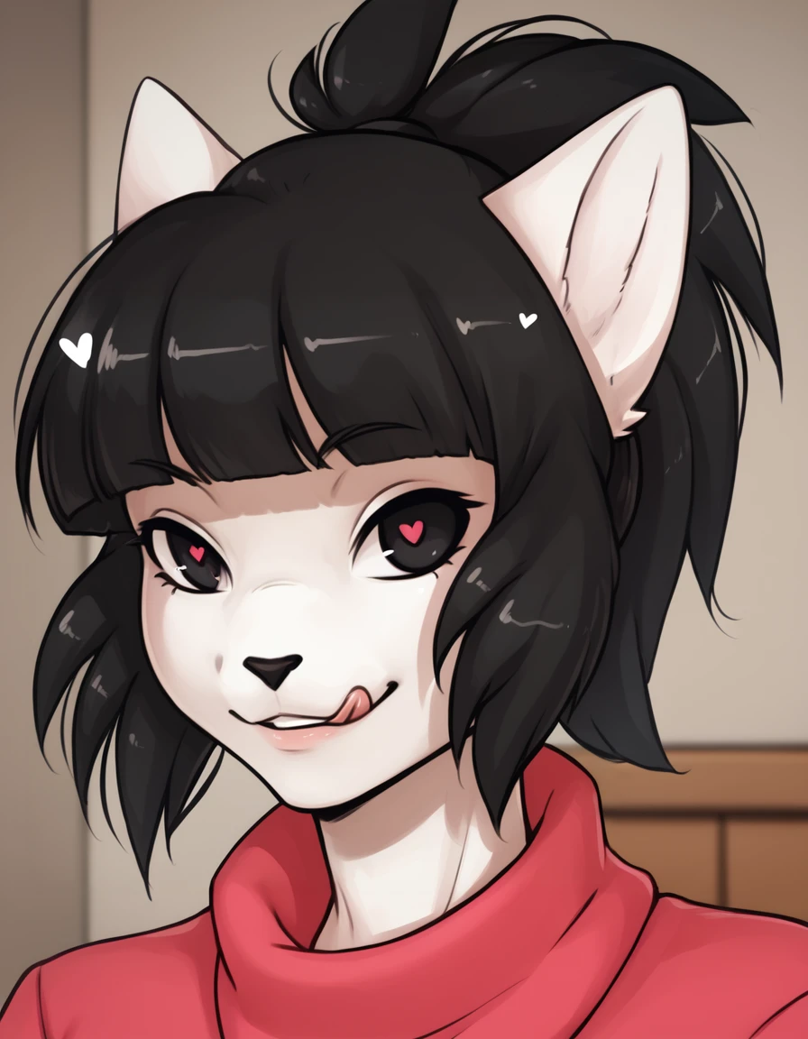 indoors,
Mercy,1boy,solo,furry male,animal ears,black hair,cat ears,furry,cat tail,black eyes,ponytail,body fur,blunt bangs,
upper body,long eyelashes,seductive smile,parted lips,headshot,
heart-shaped pupils,licking lips, 
<lora:Mercy_v01_PDXL:1>,