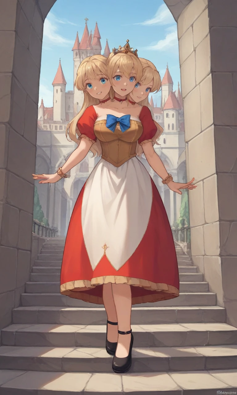 source_anime, score_9, score_8_up, score_7_up, conjoined, 3girls, dress, castle